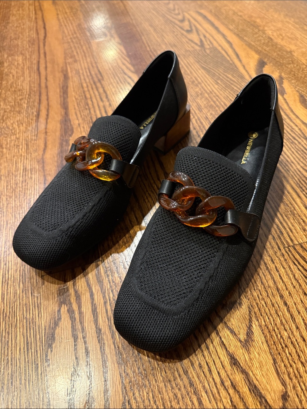 Newbella Women’s 9 Black Knit Loafers with Amber Chain Accent